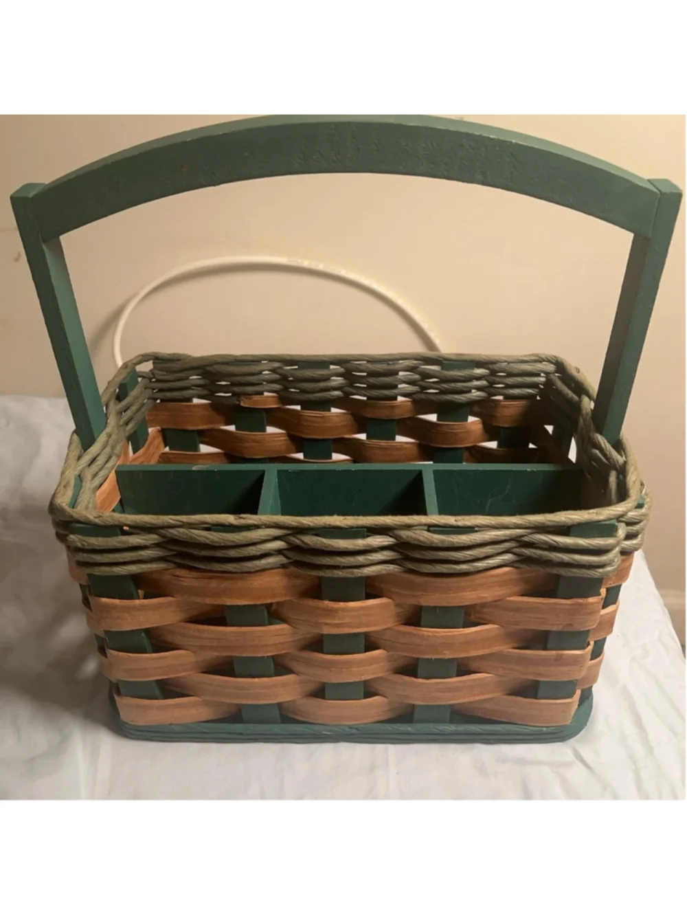 Wood Utensils Holder Basket Medium Brown Green Handle 11x7x12 In Rustic Caddy
